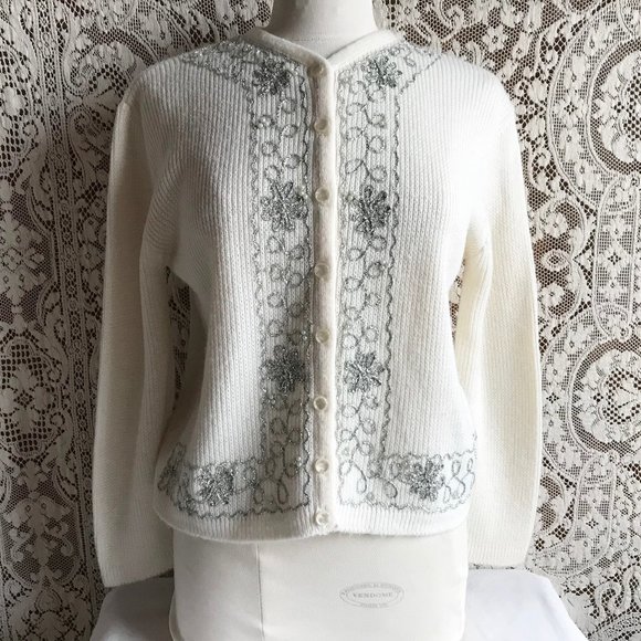 1960s 1970s Knit Cardigan Sweater with Silver Embroidery & Faux Pearls - Picture 1 of 8
